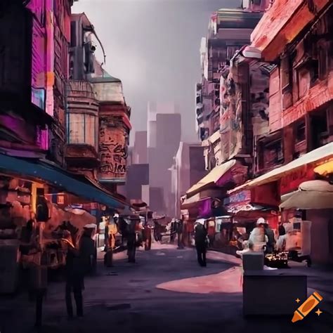 Crowded Sunny Marketplace In A Cyberpunk City With Apartments And