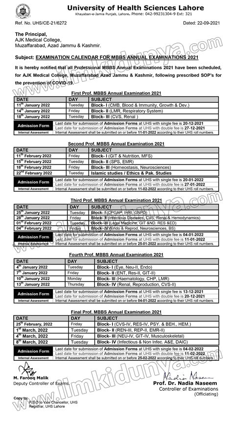 University Of Health Science Uhs Lahore Mbbs Date Sheet 2024