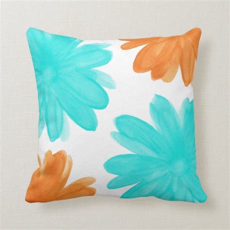 Turquoise And Orange Watercolor Flowers Throw Pillow Zazzle Flower Throw Pillows Throw