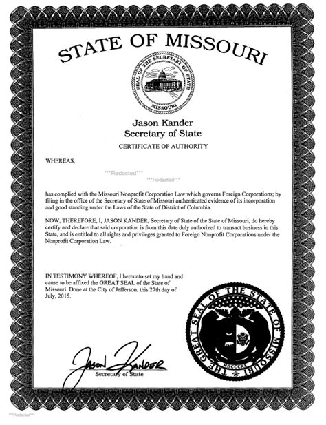 Good Standing Certificate Missouri