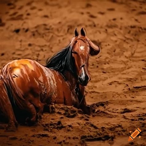 Rear View Manga Horse Resting Sinking Into Wet Bubbling Liquid Mud In A