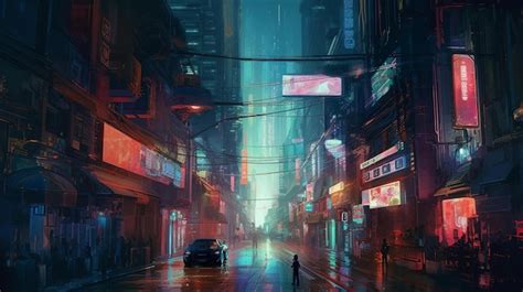 Premium Ai Image A Painting Of A Street With A Man Walking In The Street