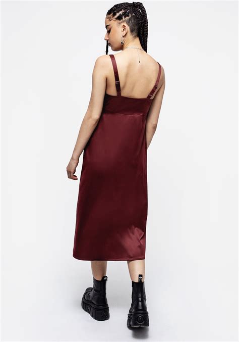 Medeina Lace Trim Satin Midi Slip Dress Red Disturbia