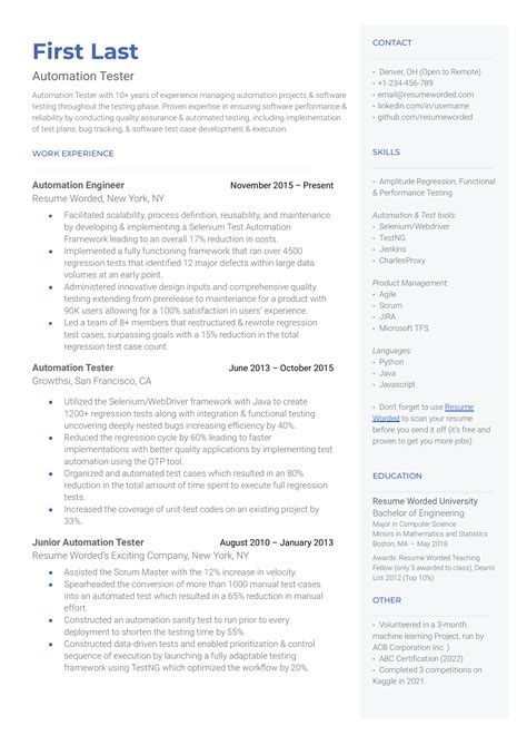 Automation Tester Resume Examples For 2025 Resume Worded