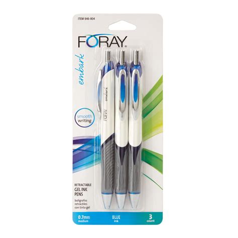 FORAY Embark Retractable Gel Pens, Medium Point, 0.7 mm, Gray/White Barrel, Blue Ink, Pack Of 3 ...