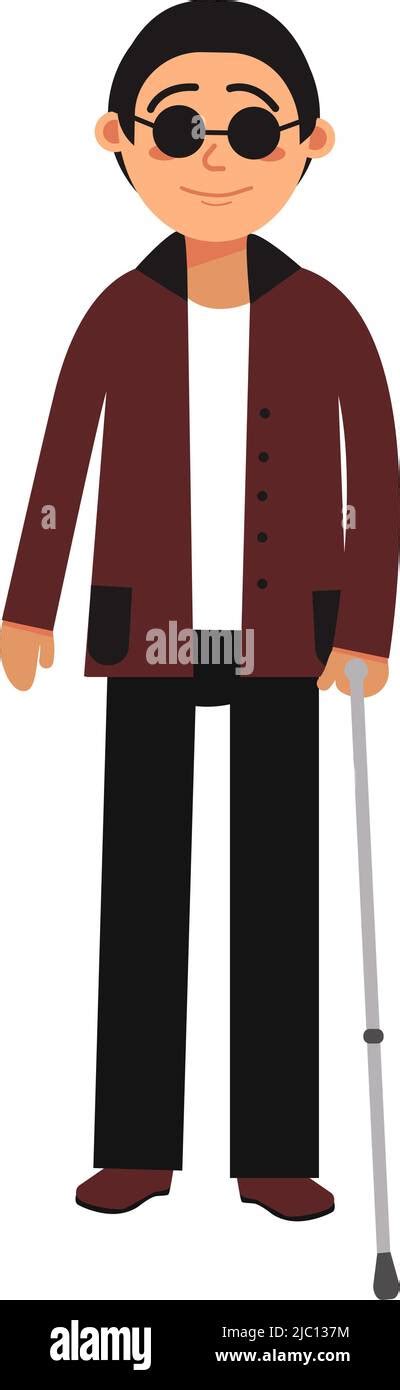 Blind Man Character Person In Black Glasses With Walking Cane Stock