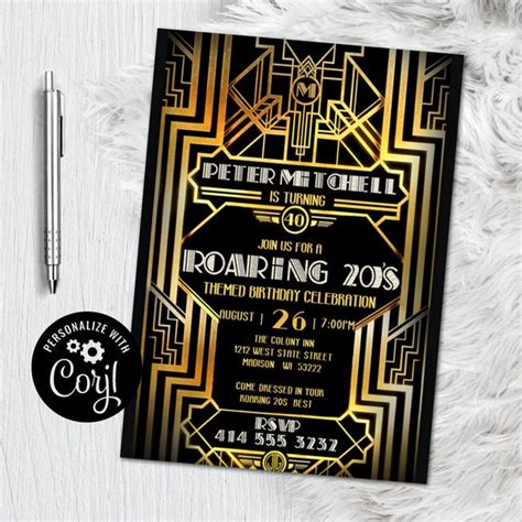 Gatsby Invitation Template Editable Great Gatsby Birthday Party