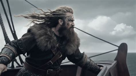 A 4K ultra hd wallpaper of a fierce Viking warrior standing on the deck ...