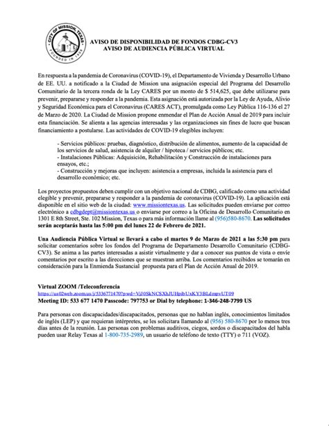 NOTICE OF PUBLIC HEARING FUNDING AVAILABILITY CDBG CV3 City Of Mission