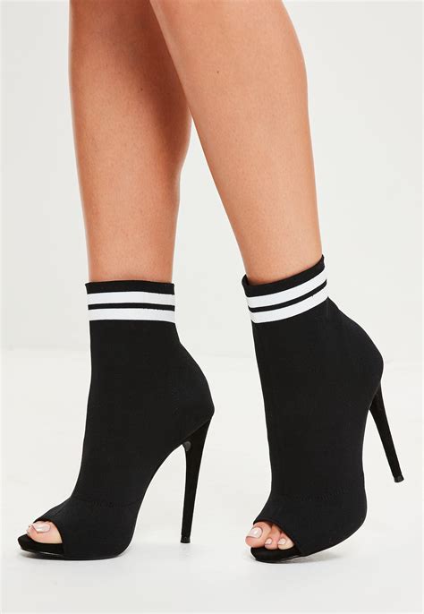 Missguided Black Peep Toe Sock Ankle Boots Lyst