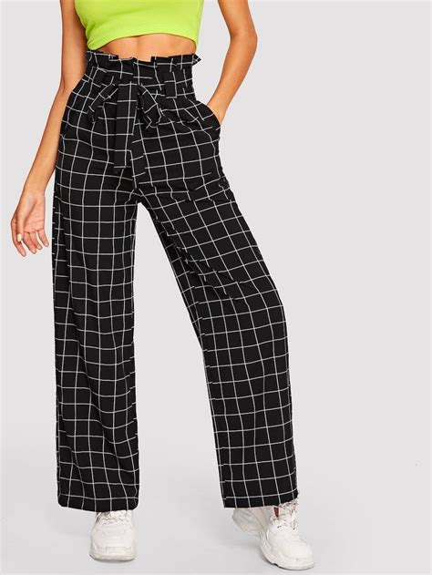 Shein Paper Bag Waist Wide Leg Plaid Pants Pants For Women Belted