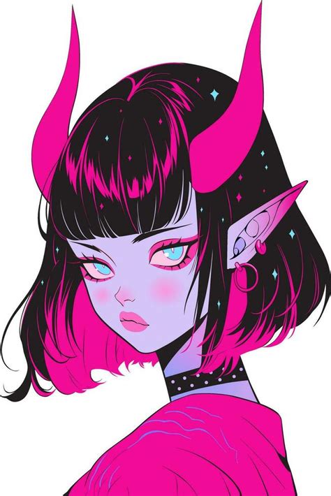 Pretty anime demon girl with horns 35217002 Vector Art at Vecteezy