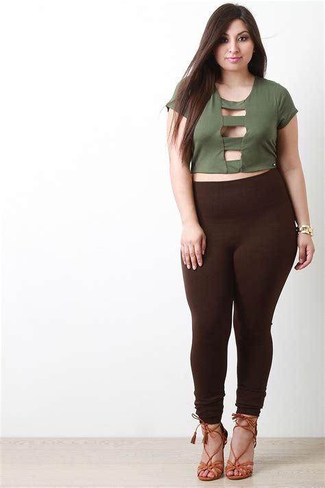 Jersey Knit High Waist Leggings Crop Top Outfits Clothes Plus Size