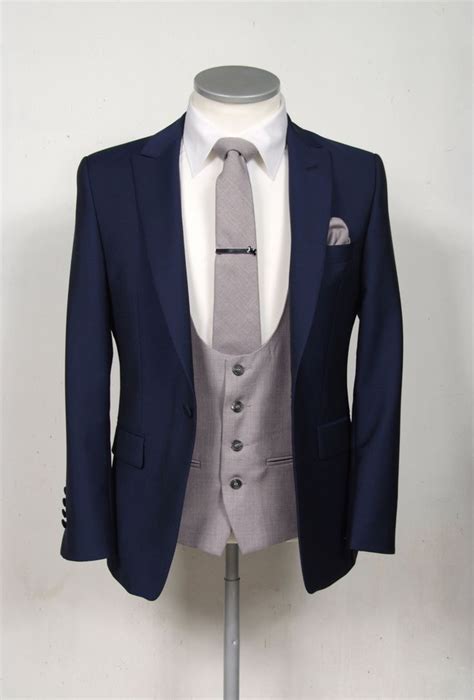 Navy Blue Mohair Grooms Wedding Suit With Grey Scoop Waistcoat Best