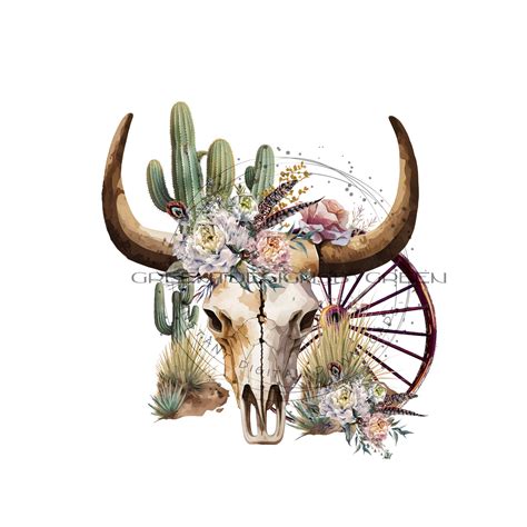 Cow Skull Cactus And Wagon Wheel Western Png Western Cow Face Etsy