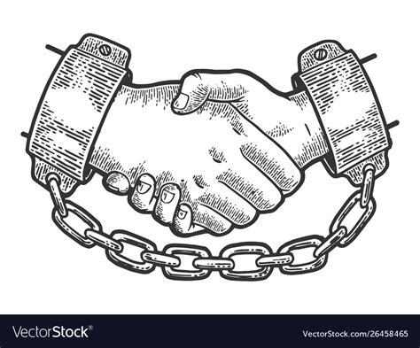 Handshake in shackles sketch engraving Royalty Free Vector