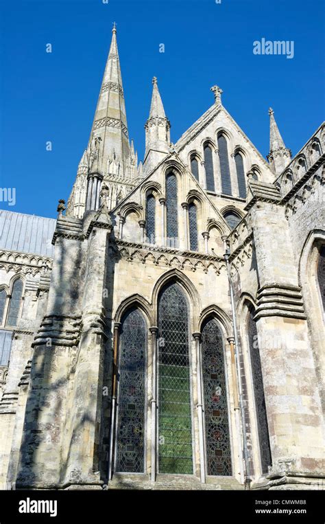 Salisbury Cathedral windows and spire Stock Photo - Alamy