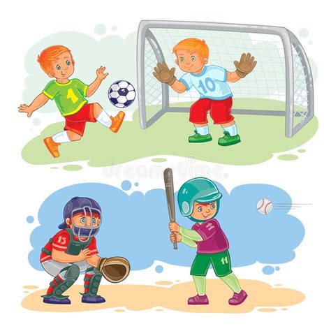 Ajuste ícones Dos Meninos Que Jogam O Futebol E O Basebol Ilustração do