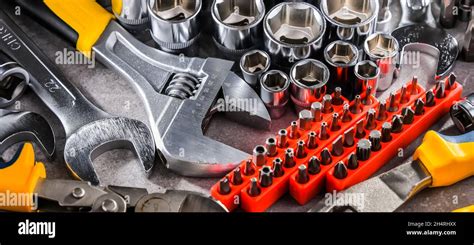 Composition with a variety of metal tools Stock Photo - Alamy