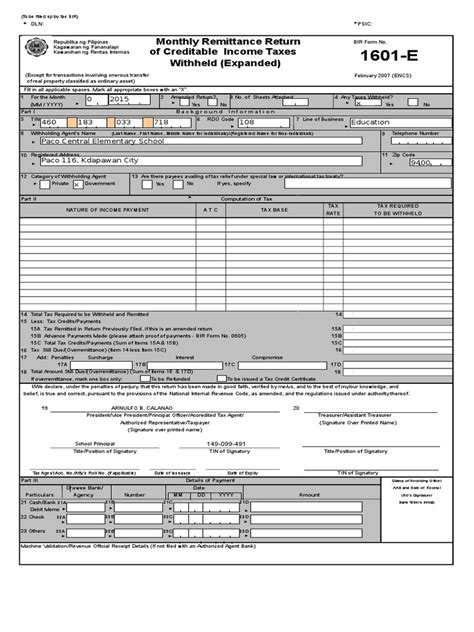 Bir Form 1601 E Withholding Tax Payments