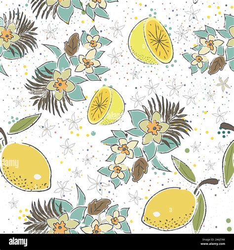 Cute Seamless Pattern With Lemons And Flowers Scandinavian Hand Drawn