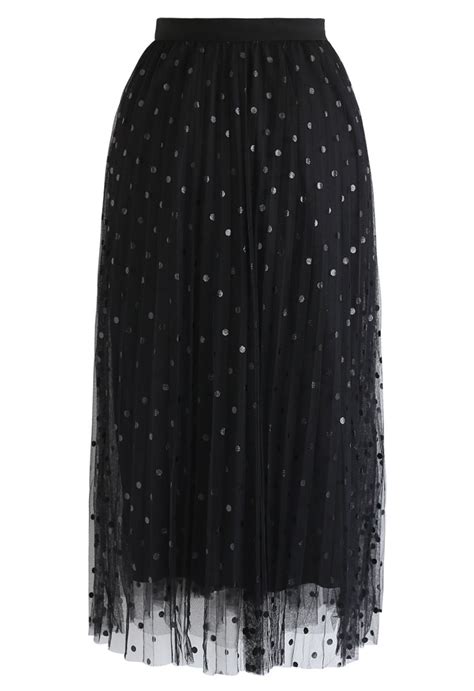 Polka Dot Double Layered Mesh Tulle Skirt In Black Retro Indie And