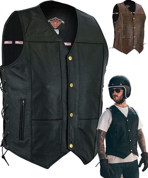 Texpeed Mens Real Leather Biker Waistcoat Vest Cut Genuine Motorcycle