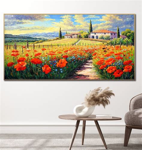 Dipinto A Mano Paesaggio Campestre Con Papaveri 60x120cm Nel 2024