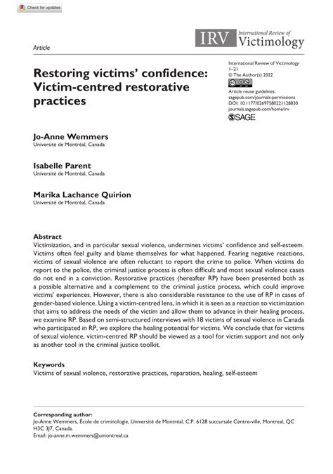 Pdf Restoring Victims’ Confidence Victim Centred Restorative Practices