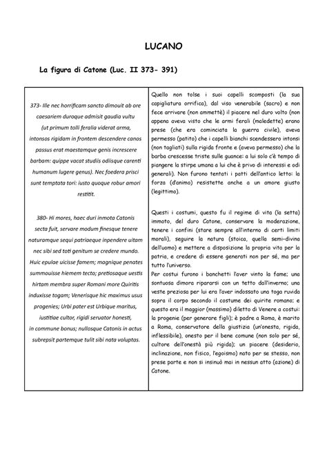 Lucano Testo E Traduzioni LUCANO La Figura Di Catone Luc II 373