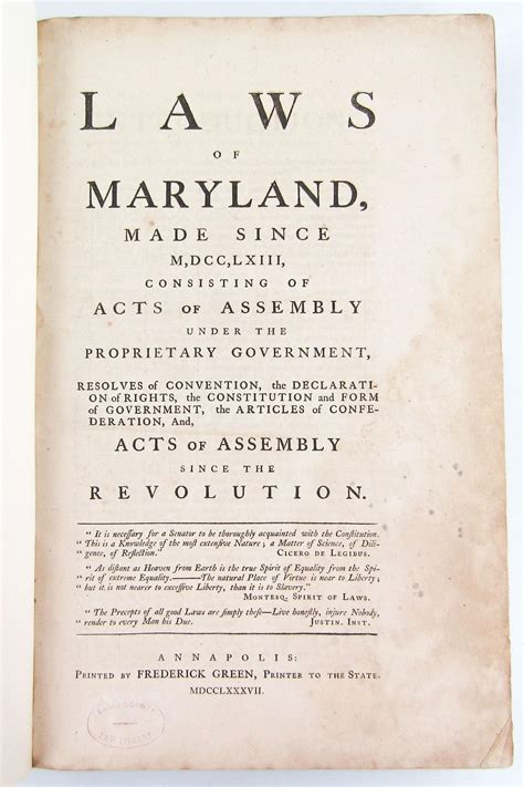 Lot - Early Maryland Laws, 1787, Including "the Constitution'the