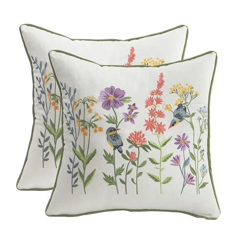 Kzlo Vintage Birds With Flowers Embroidered Decorative Throw Pillow Covers 18x18 Set Of 2