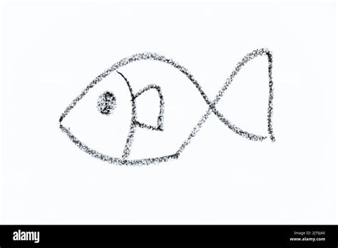 Black Color Crayon Hand Drawing In Fish Shape On White Paper Background