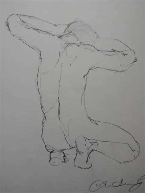 ORIGINAL PENCIL LINE Drawing Of A Male Nude Model In A Crouching Pose