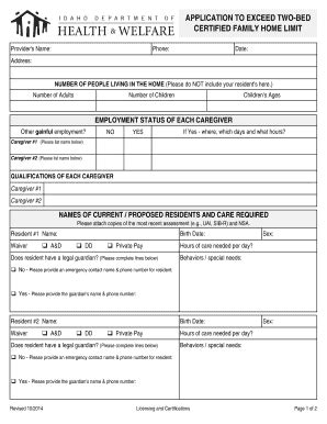 Fillable Online Healthandwelfare Idaho APPLICATION TO EXCEED TWO BED