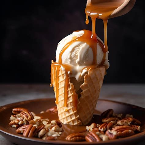 Gelado De Baunilha Molho De Caramelo E Nozes De Pecan Em Cone De