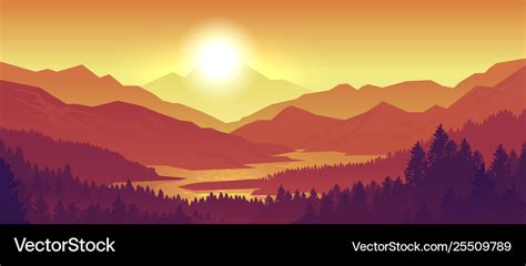 Mountain sunset landscape realistic pine forest Vector Image