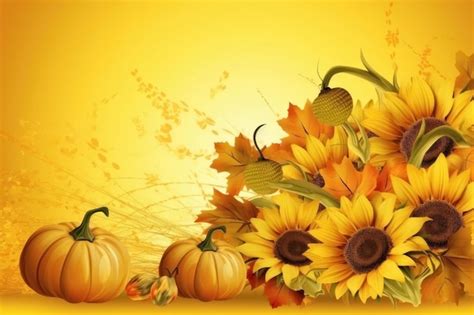 Premium AI Image | Autumn background with sunflowers pumpkins and leaves