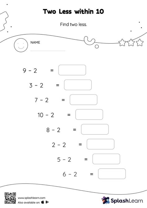 Two Less Within 10 Horizontal Subtraction Worksheet