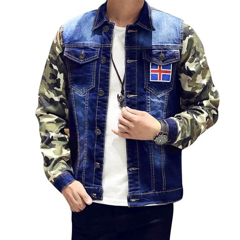 Camouflage Sleeve Splicing Mens Denim Jacket Brand Cotton Casual Mens