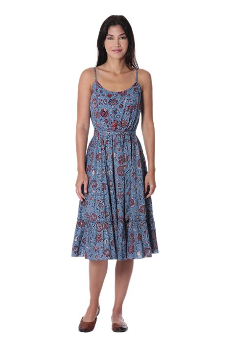 Floral Printed Cotton Sundress In Cerulean From India Garden Bliss