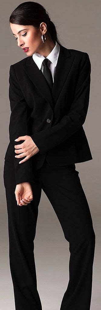 Dressed Formal For Work In Black Pants Suit With White Shirt And Tie Pantsuits For Women