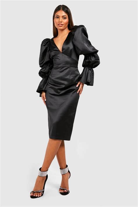 Satin Extreme Puff Sleeve Midi Dress Boohoo