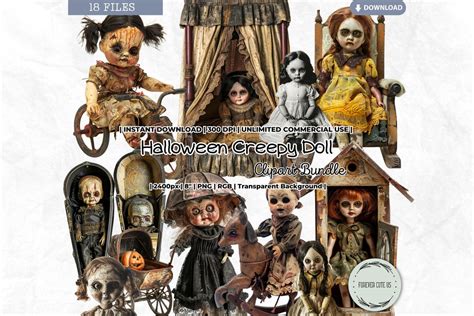 Halloween Creepy Doll Clipart Bundle Zombie Girl Porcelain Doll