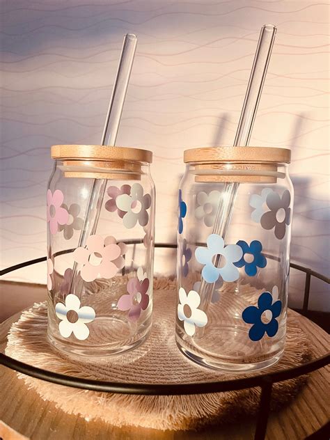 Retro Flower Glass Cup Iced Coffee Glass Aesthetic Glass Daisy Glass Cup Customized Libbey Glass