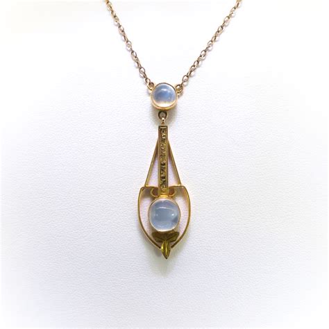 Antique Moonstone Pendant Necklace Circa 1900s Art Nouveau 258ct Tw Hand Engraved Push