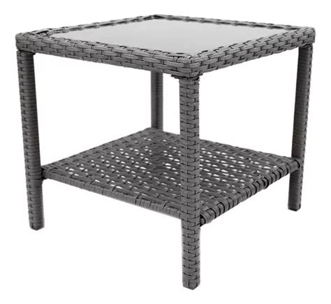 Mesa Auxiliar De Mimbre Gris Para Exterior Con Tapa De Vidri Meses