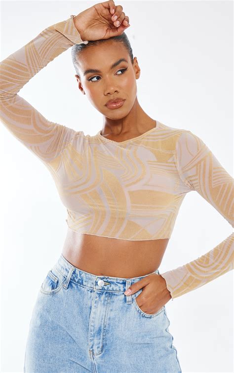 Stone Flock Mesh Long Sleeve Crop Top Tops Prettylittlething Ire