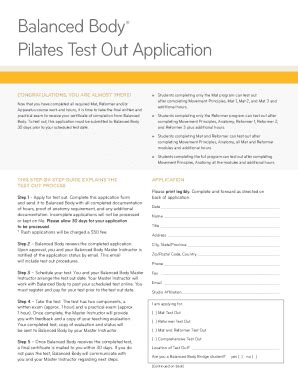 Fillable Online Balanced Body Pilates Test Out Application Fax Email