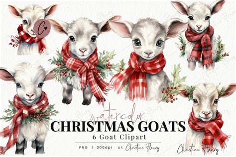 6 Watercolor Christmas Goat Clipart